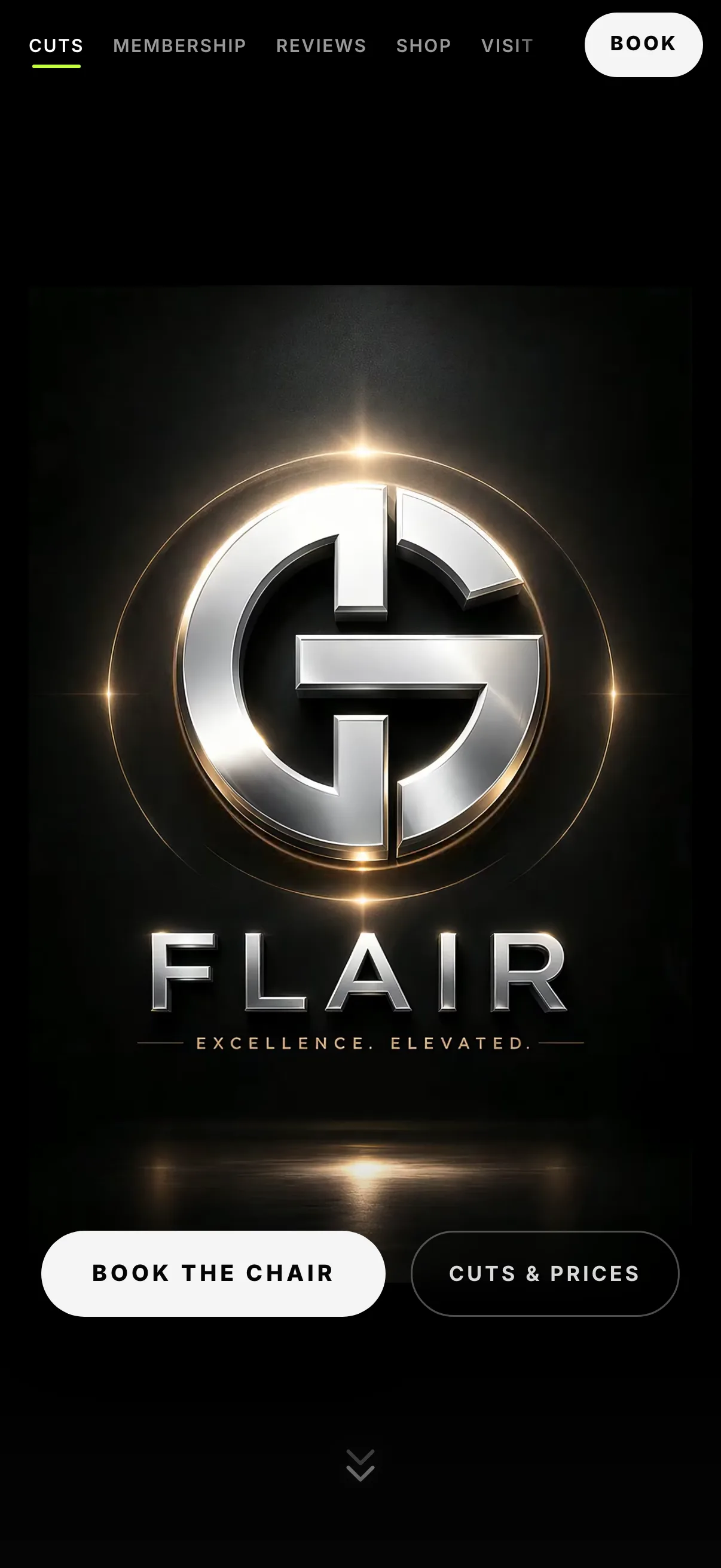 The Christian G Flair booking page on Mane. The chrome Flair emblem is lit in a dark room above the Book the Chair and Cuts & Prices buttons, with Cuts, Membership, Reviews, Shop and Visit tabs across the top.