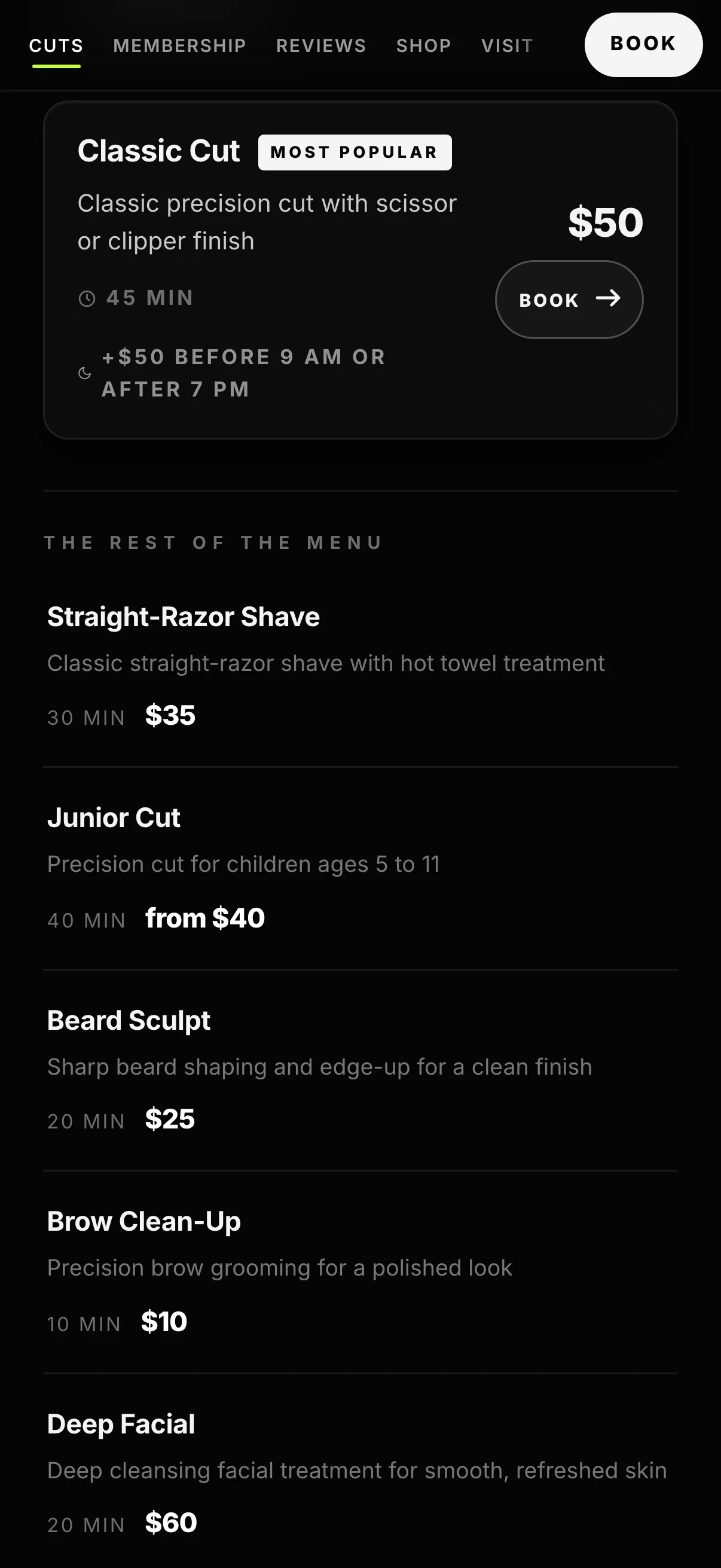 The cuts menu: a card per service with its length and an after-hours surcharge note, above the panel explaining The Deluxe membership.