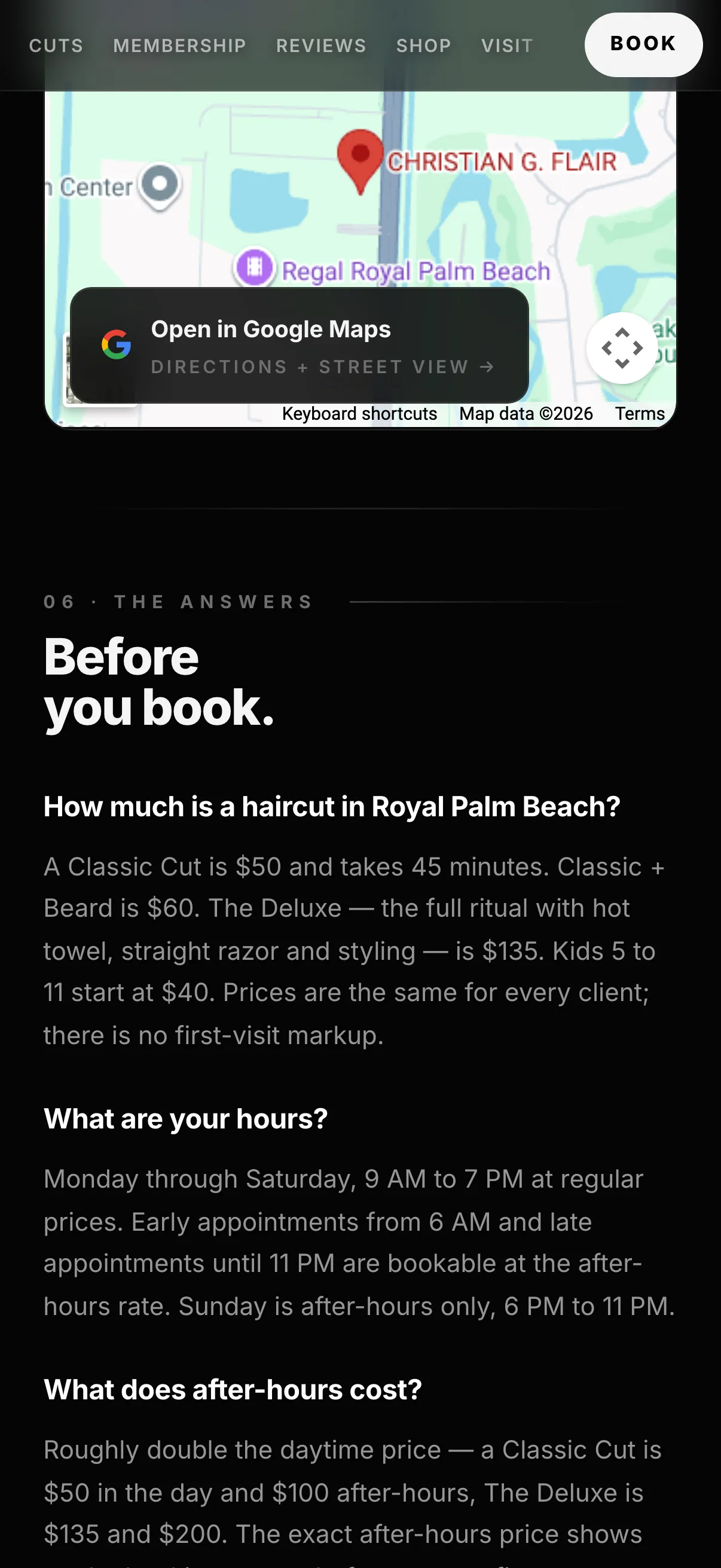 The in-page shop, with Rolda hair gel and styling powder each carrying an add button, above the shop's address and phone number.
